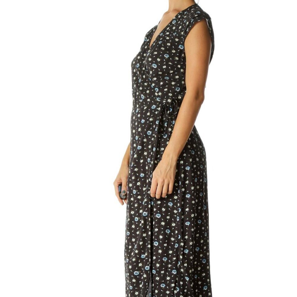 J.Crew Black Blue Green Floral Print Wrap Dress - Picture 2 of 3